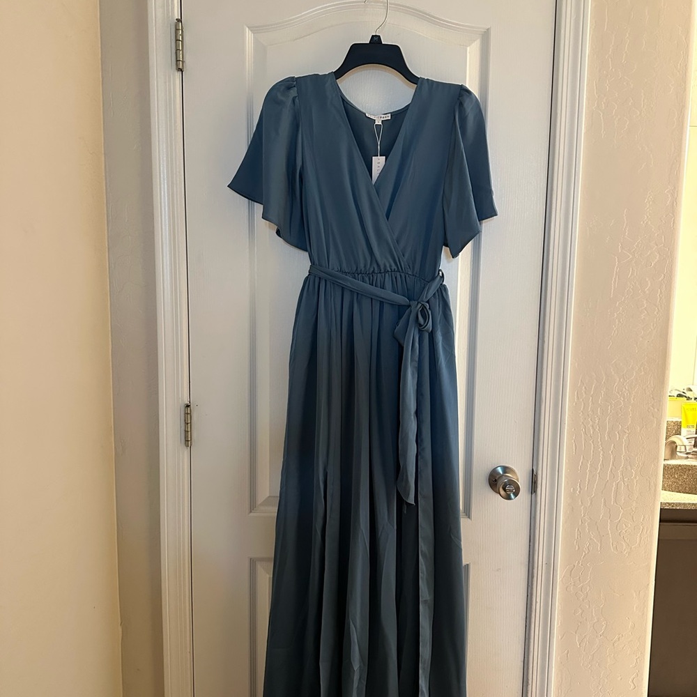 Baltic Born Blue Maxi Wrap Dress with Flutter Sleeves